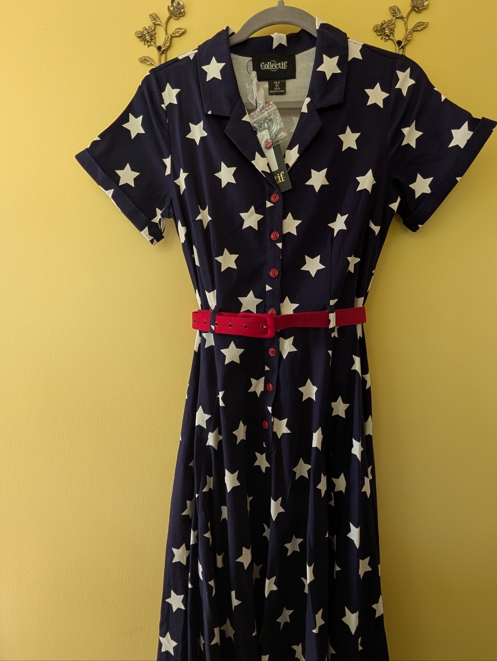 Collectif Navy Star Print Midi Dress with Red Belt